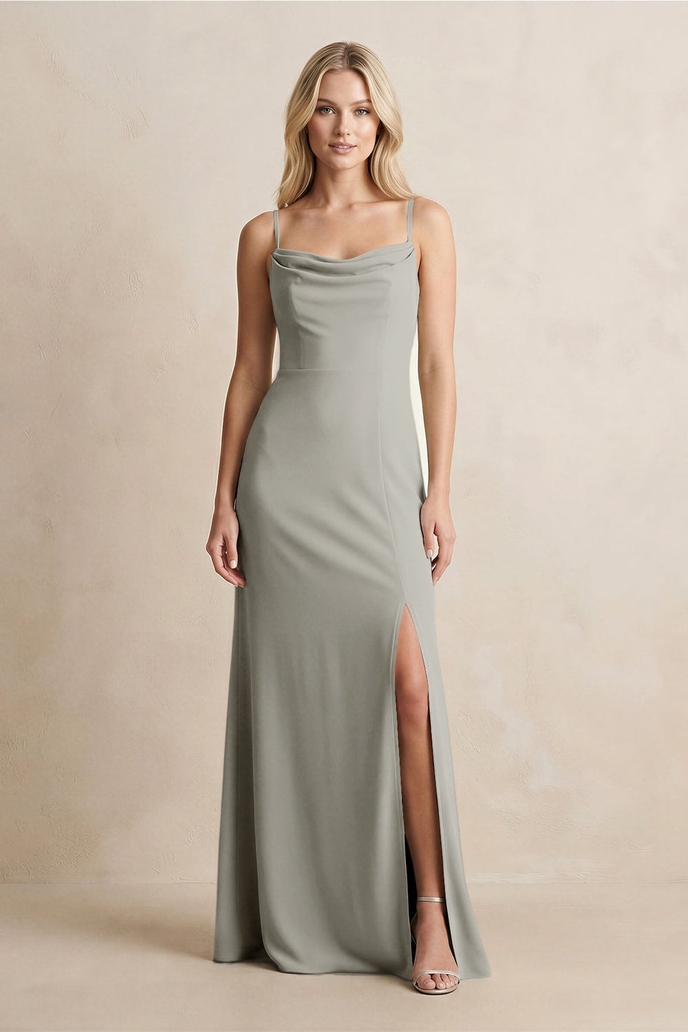 Spaghetti Straps Sheath Satin Bridesmaid Dress With Slit in Silver