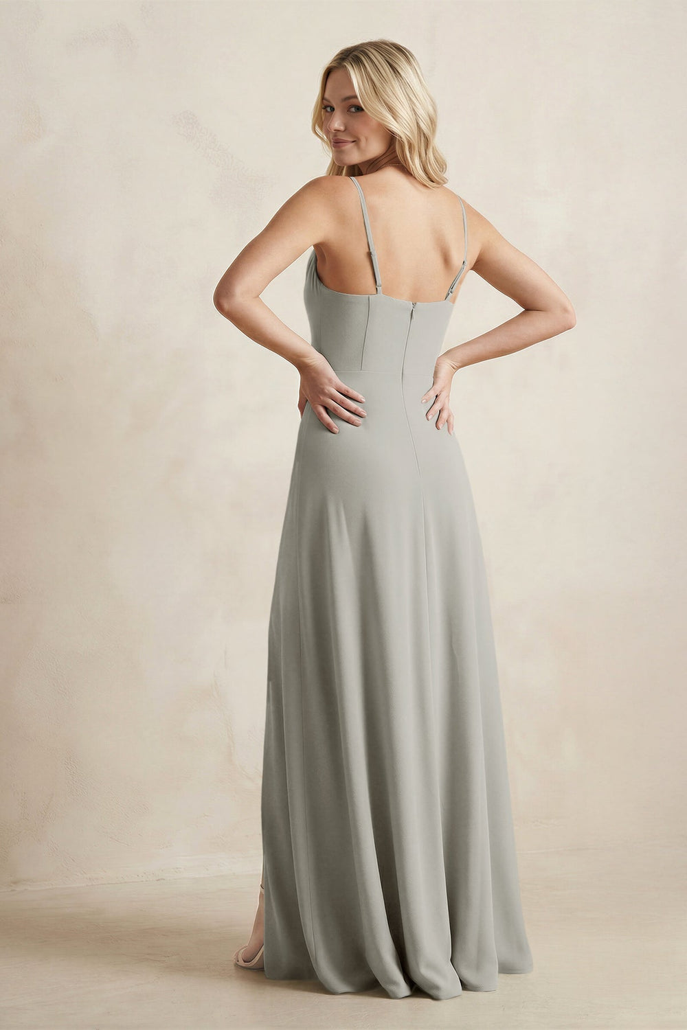 Spaghetti Straps Sheath Satin Bridesmaid Dress With Slit in Silver