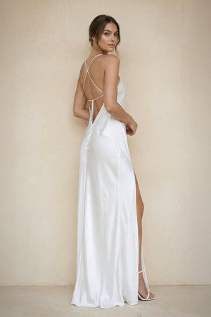 Spaghetti Straps Sheath Satin Wedding Dress With Slit in White - KISS BRIDAL Wedding Dresses