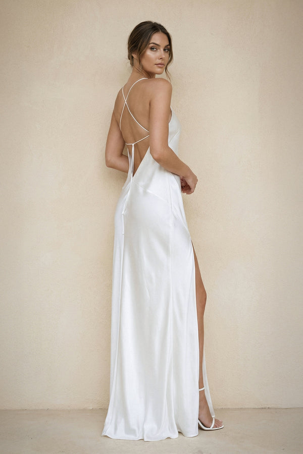 Spaghetti Straps Sheath Satin Wedding Dress With Slit in White - KISS BRIDAL Wedding Dresses