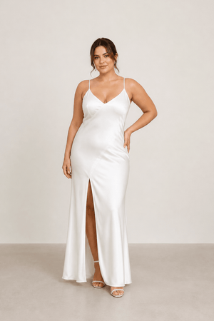 Spaghetti Straps Sheath Satin Wedding Dress With Slit in White - KISS BRIDAL Wedding Dresses