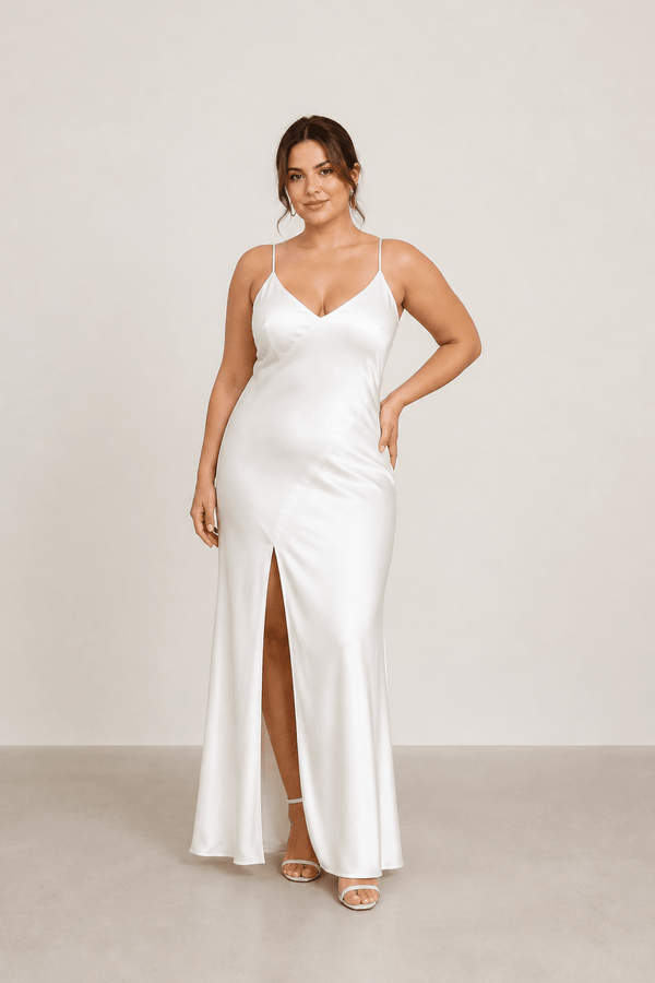 Spaghetti Straps Sheath Satin Wedding Dress With Slit in White - KISS BRIDAL Wedding Dresses