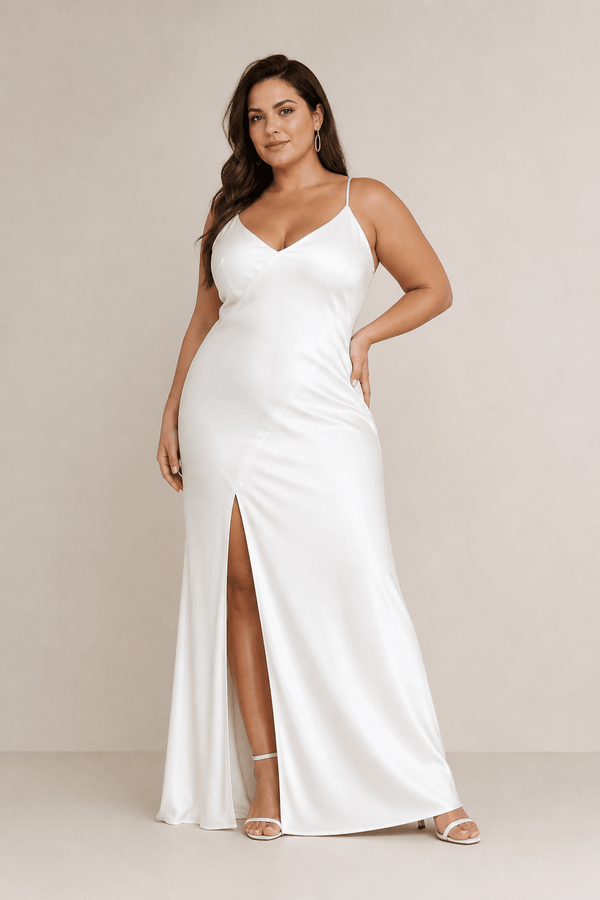 Spaghetti Straps Sheath Satin Wedding Dress With Slit in White - KISS BRIDAL Wedding Dresses