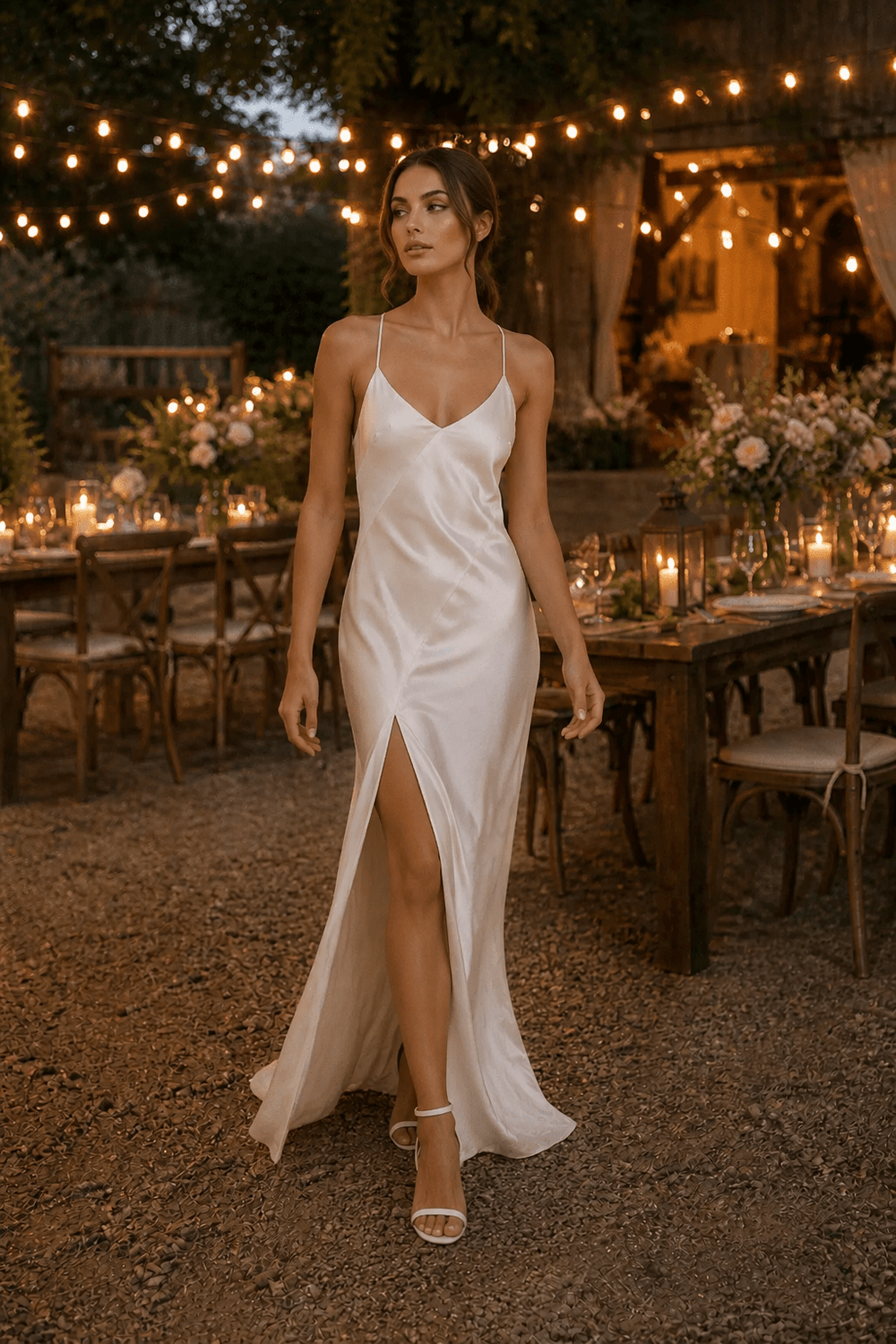 Spaghetti Straps Sheath Satin Wedding Dress With Slit in White