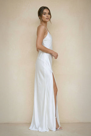 Spaghetti Straps Sheath Satin Wedding Dress With Slit in White - KISS BRIDAL Wedding Dresses