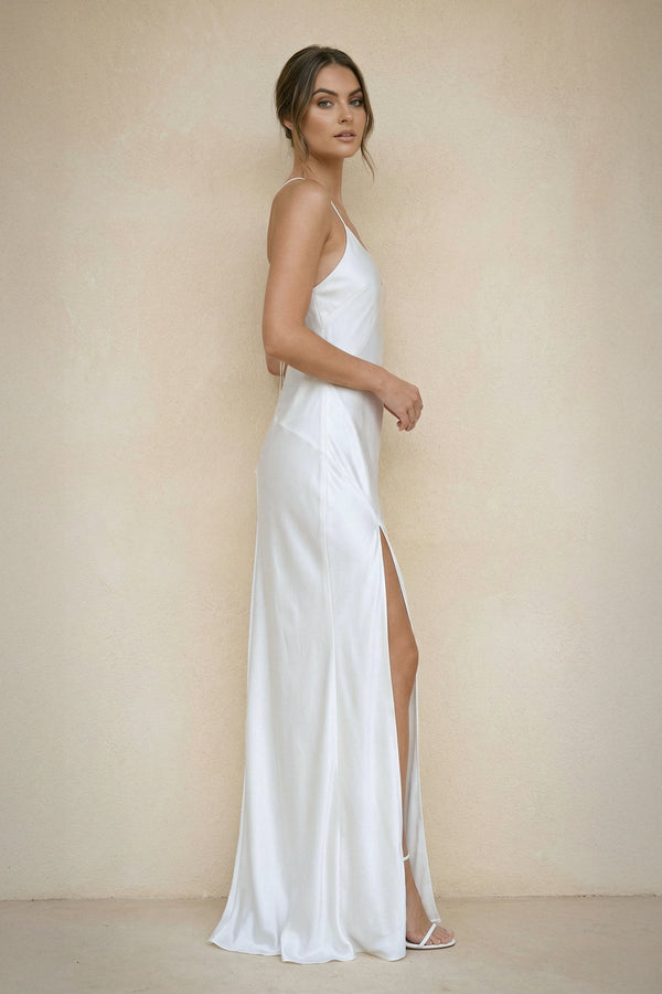 Spaghetti Straps Sheath Satin Wedding Dress With Slit in White - KISS BRIDAL Wedding Dresses