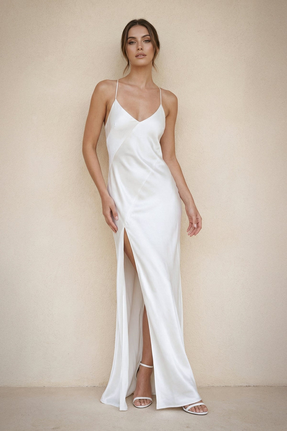 Spaghetti Straps Sheath Satin Wedding Dress With Slit in White