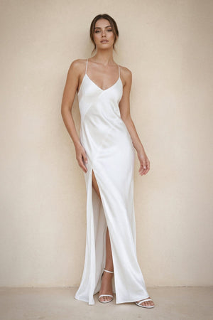 Spaghetti Straps Sheath Satin Wedding Dress With Slit in White - KISS BRIDAL Wedding Dresses