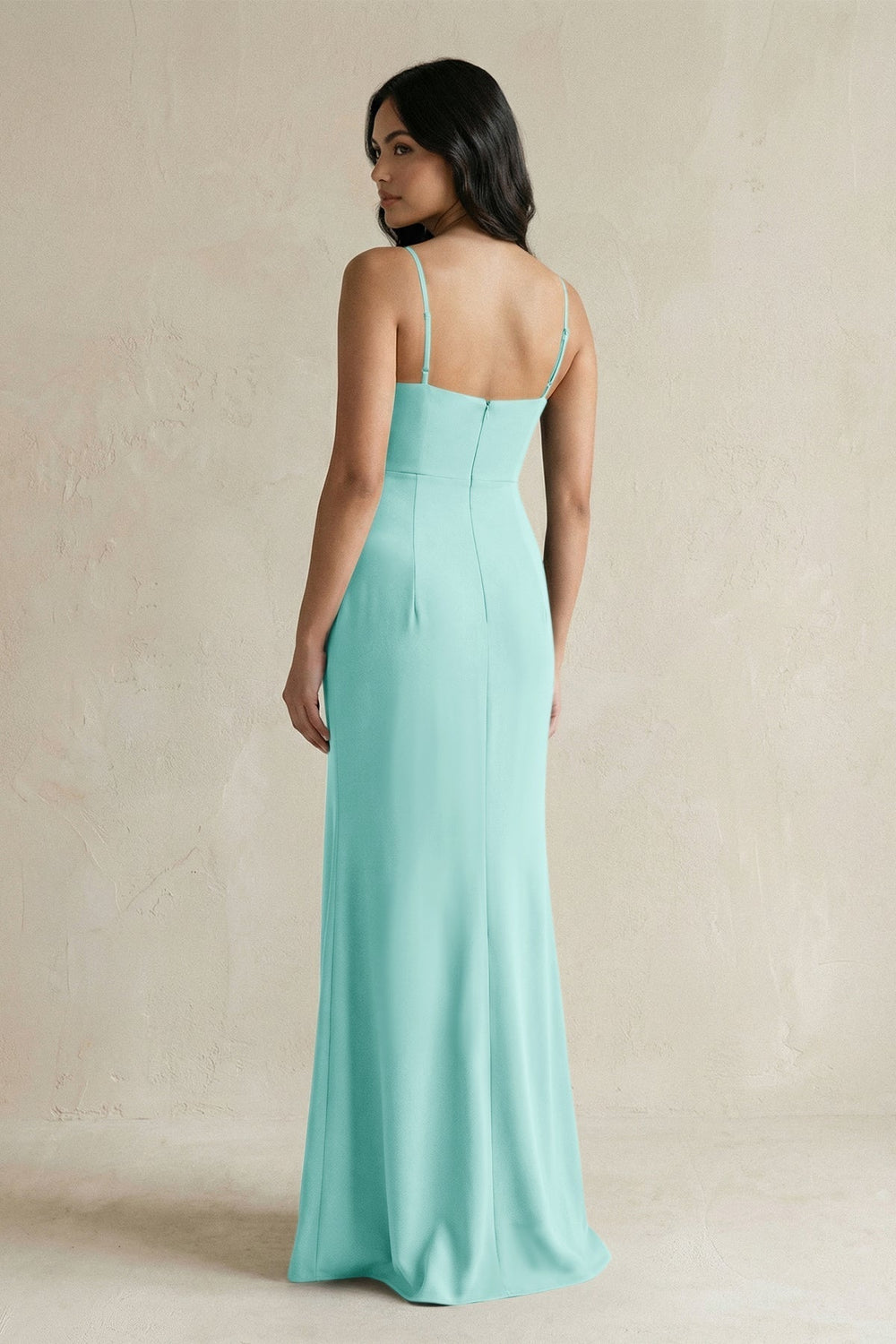 Spaghetti Straps Sheath Stain Bridesmaid Dress With Slit in Aqua