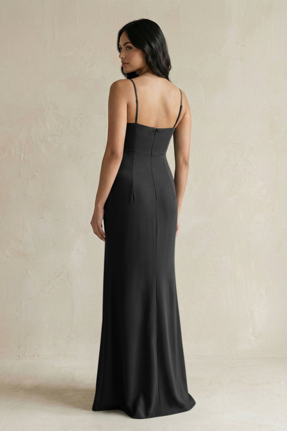 Spaghetti Straps Sheath Stain Bridesmaid Dress With Slit in Black