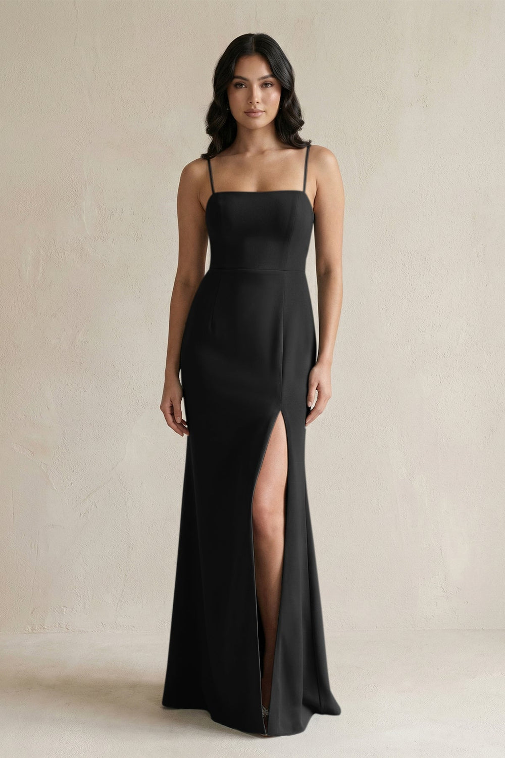 Spaghetti Straps Sheath Stain Bridesmaid Dress With Slit in Black