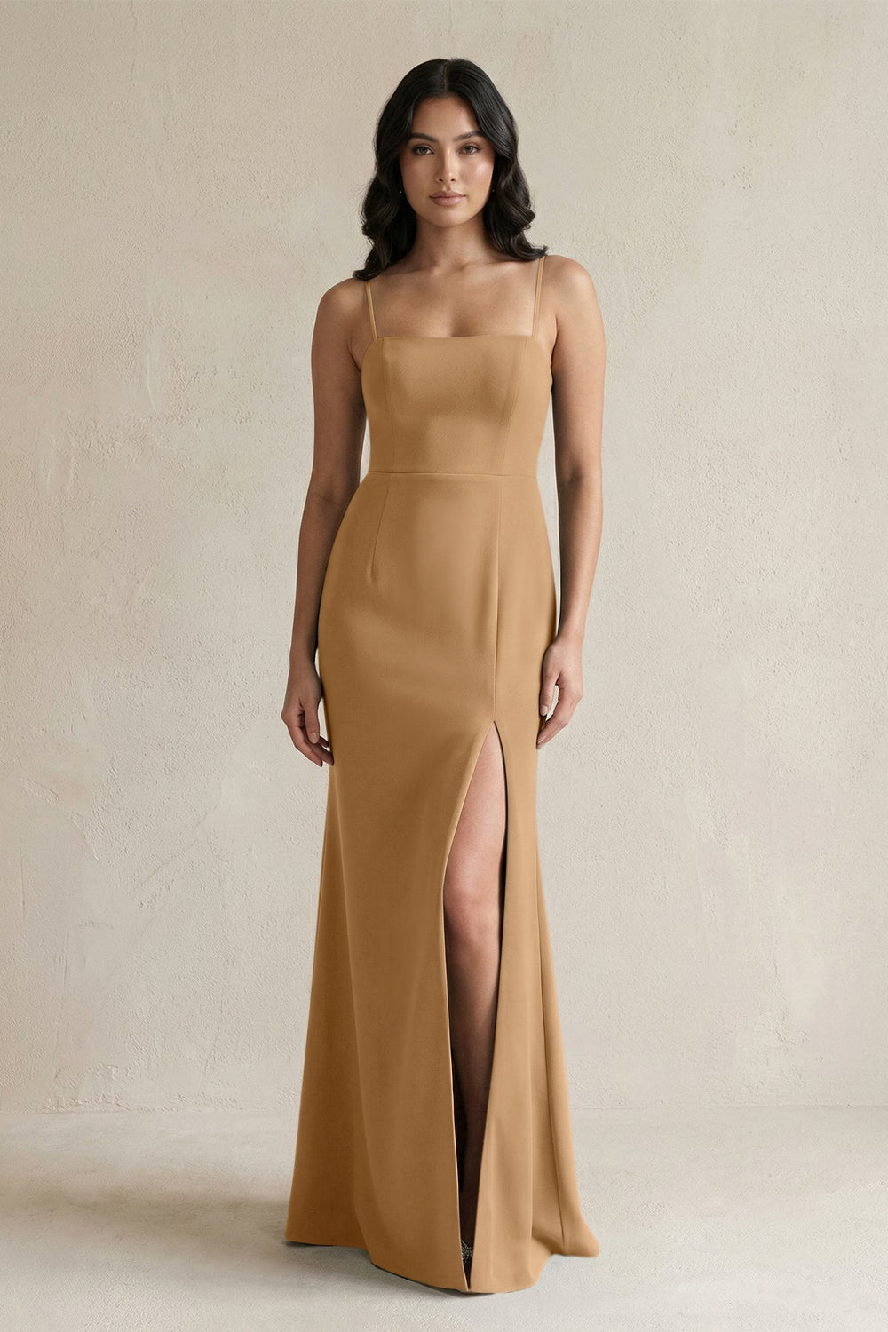 Spaghetti Straps Sheath Stain Bridesmaid Dress With Slit in Bronzer