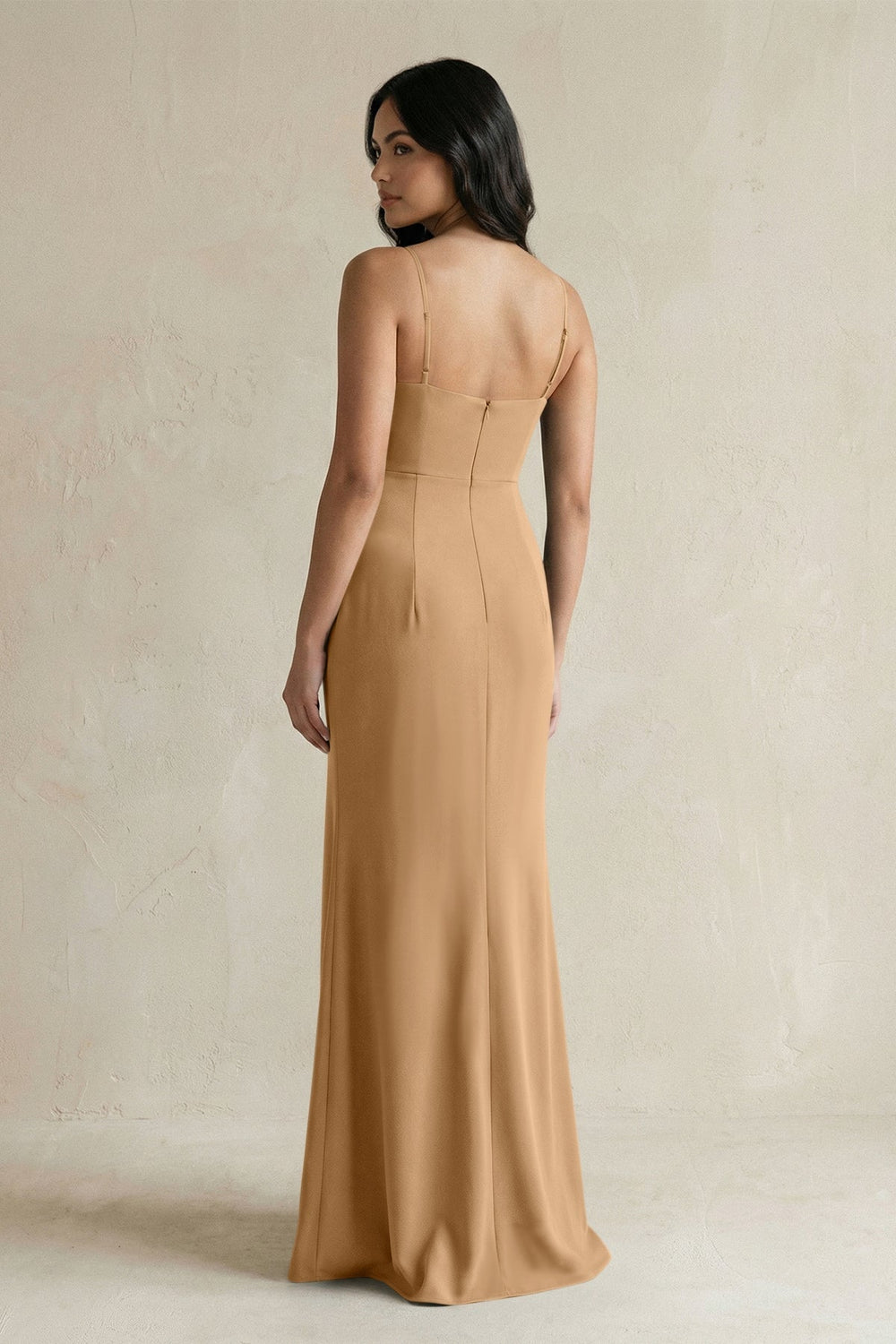 Spaghetti Straps Sheath Stain Bridesmaid Dress With Slit in Bronzer