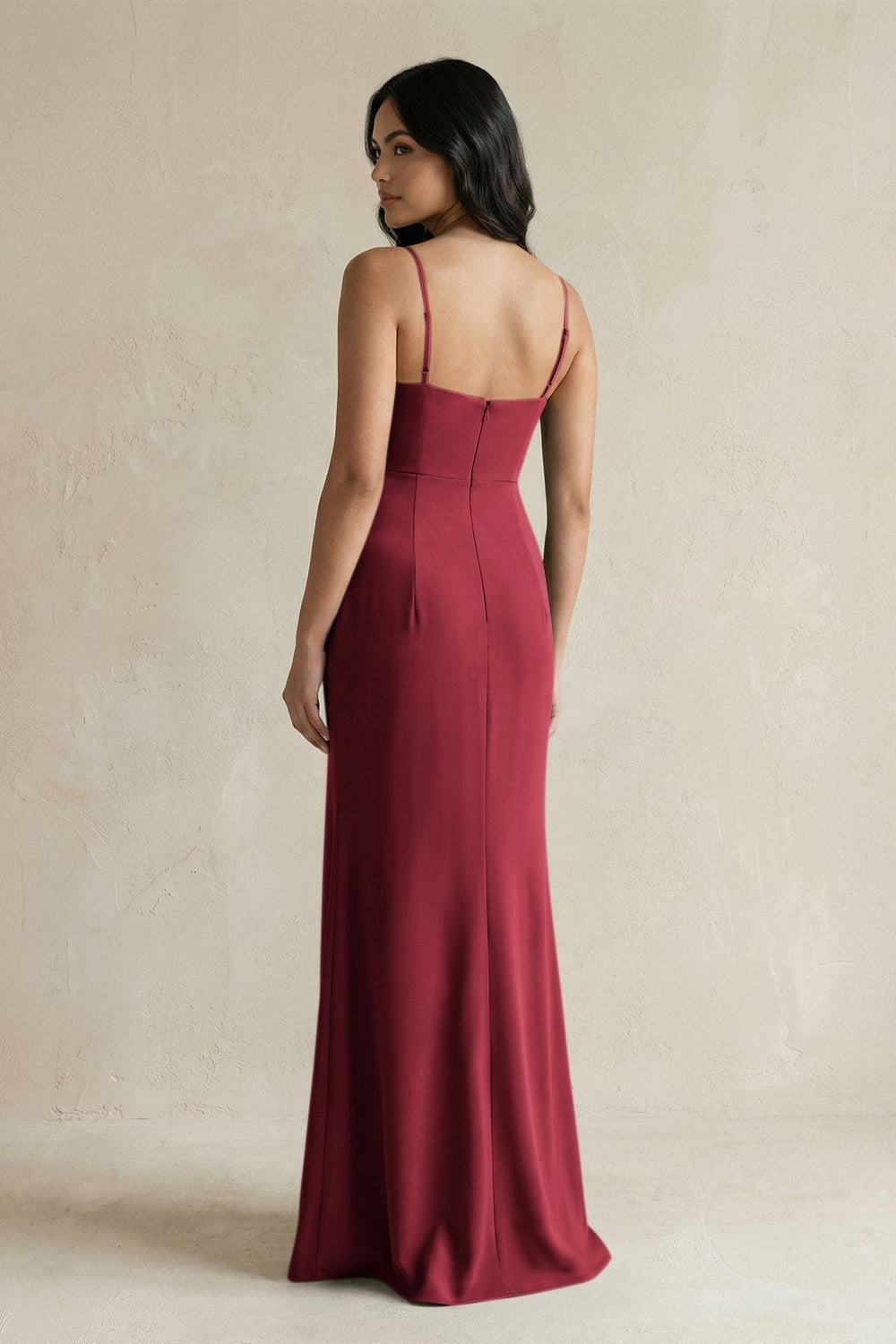 Spaghetti Straps Sheath Stain Bridesmaid Dress With Slit in Burgundy