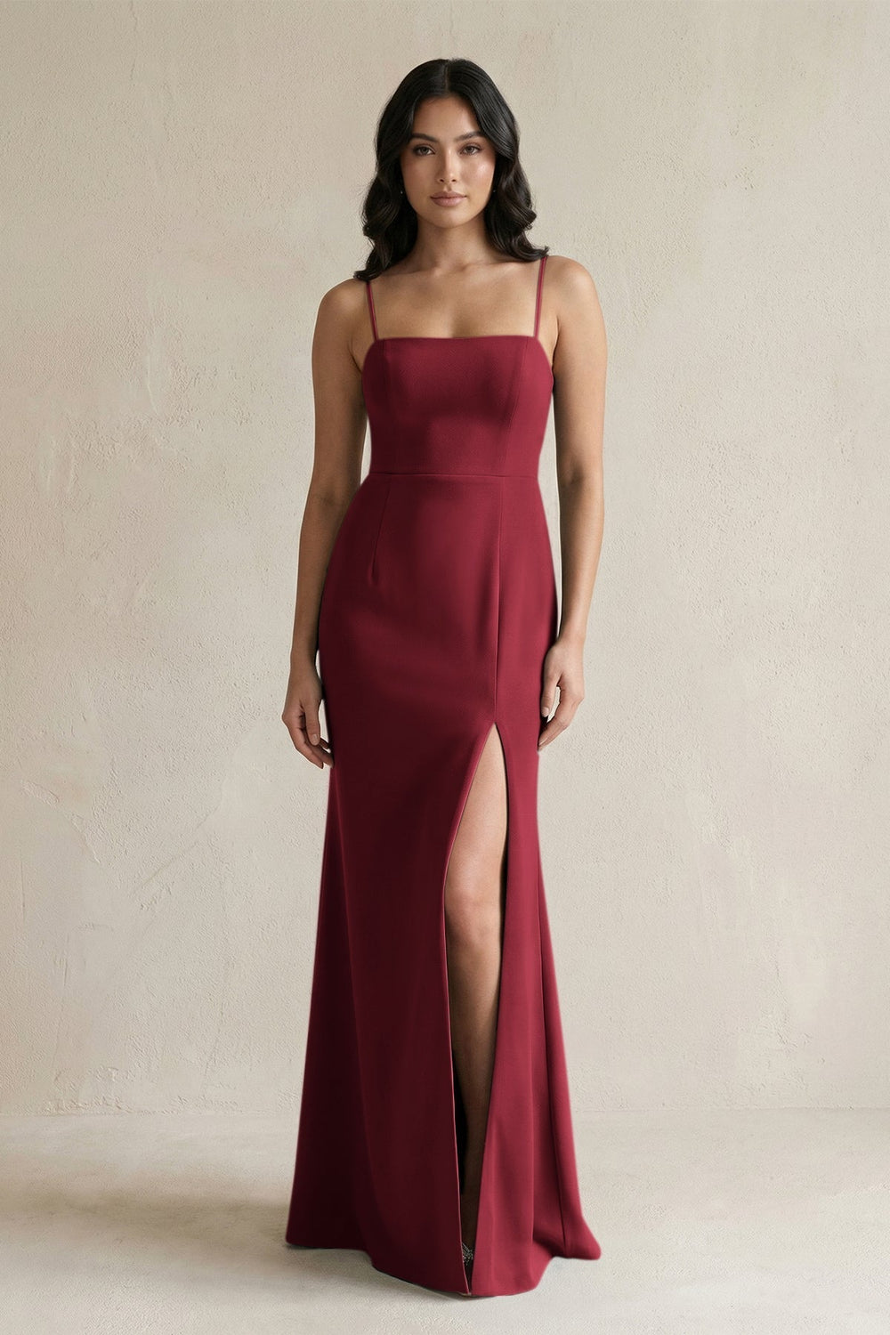 Spaghetti Straps Sheath Stain Bridesmaid Dress With Slit in Burgundy
