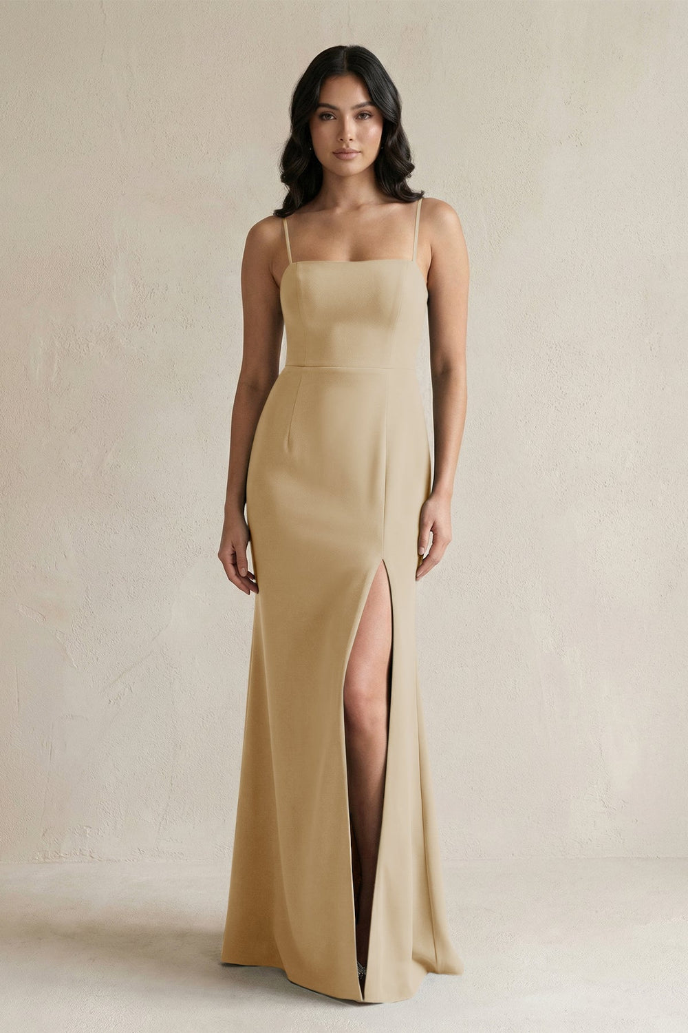 Spaghetti Straps Sheath Stain Bridesmaid Dress With Slit in Champagne