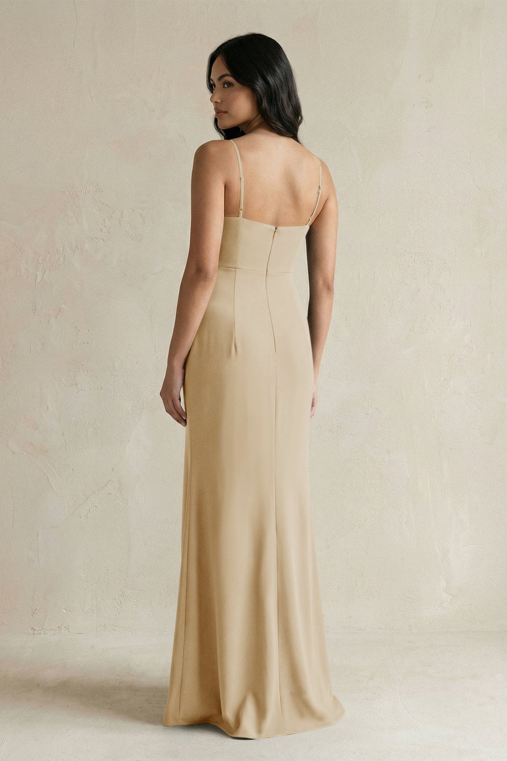 Spaghetti Straps Sheath Stain Bridesmaid Dress With Slit in Champagne