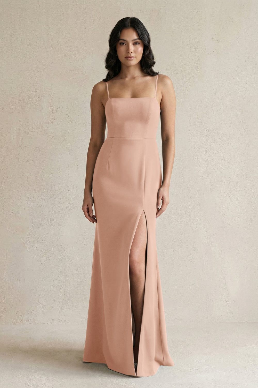 Spaghetti Straps Sheath Stain Bridesmaid Dress With Slit in Champagne Rose