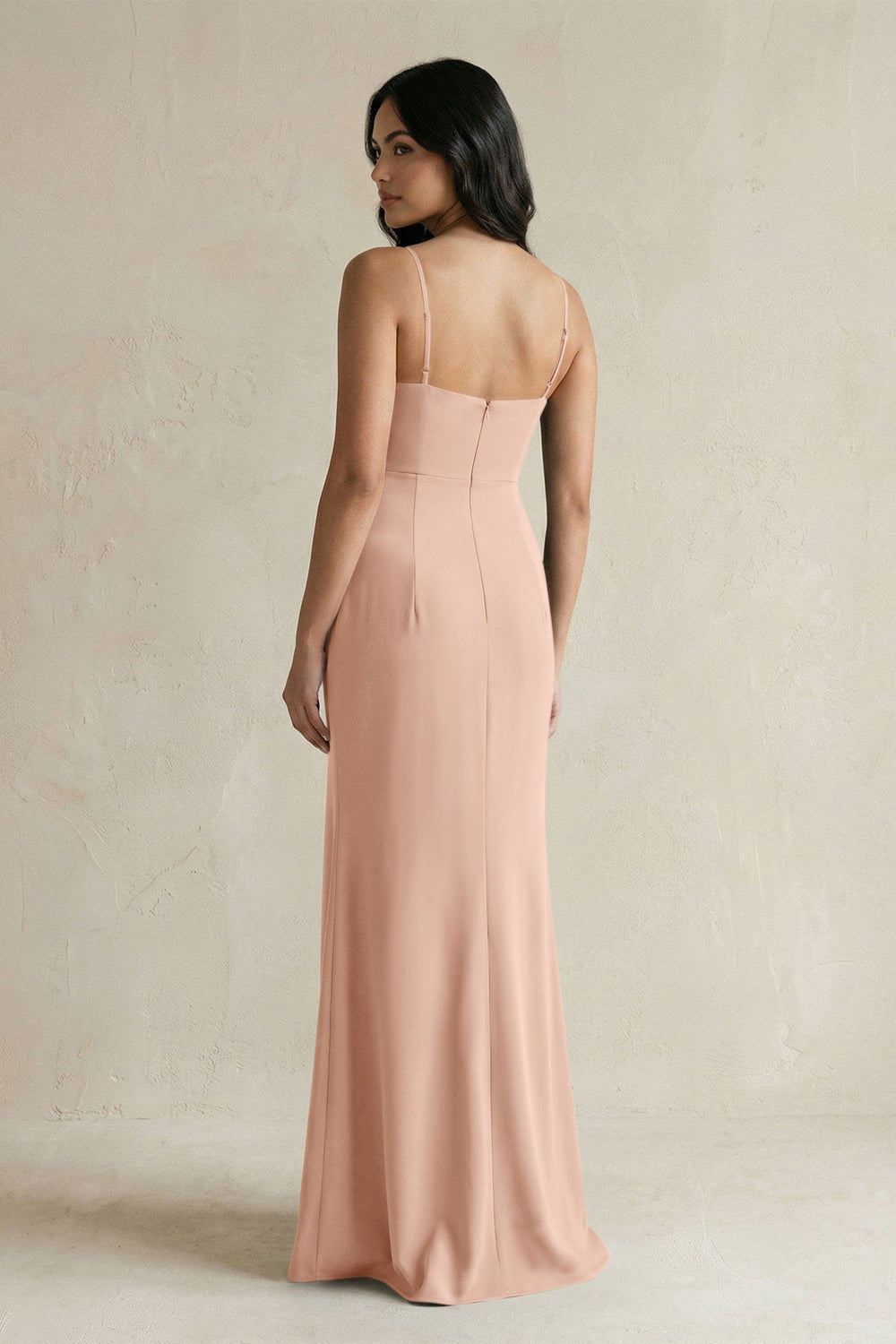 Spaghetti Straps Sheath Stain Bridesmaid Dress With Slit in Champagne Rose