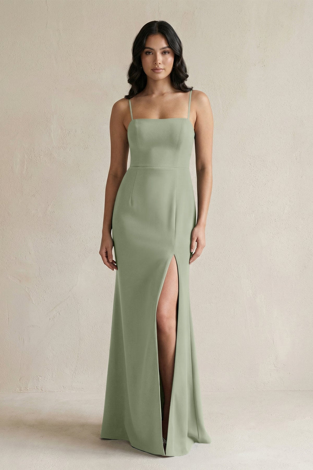 Spaghetti Straps Sheath Stain Bridesmaid Dress With Slit in Dove Gray