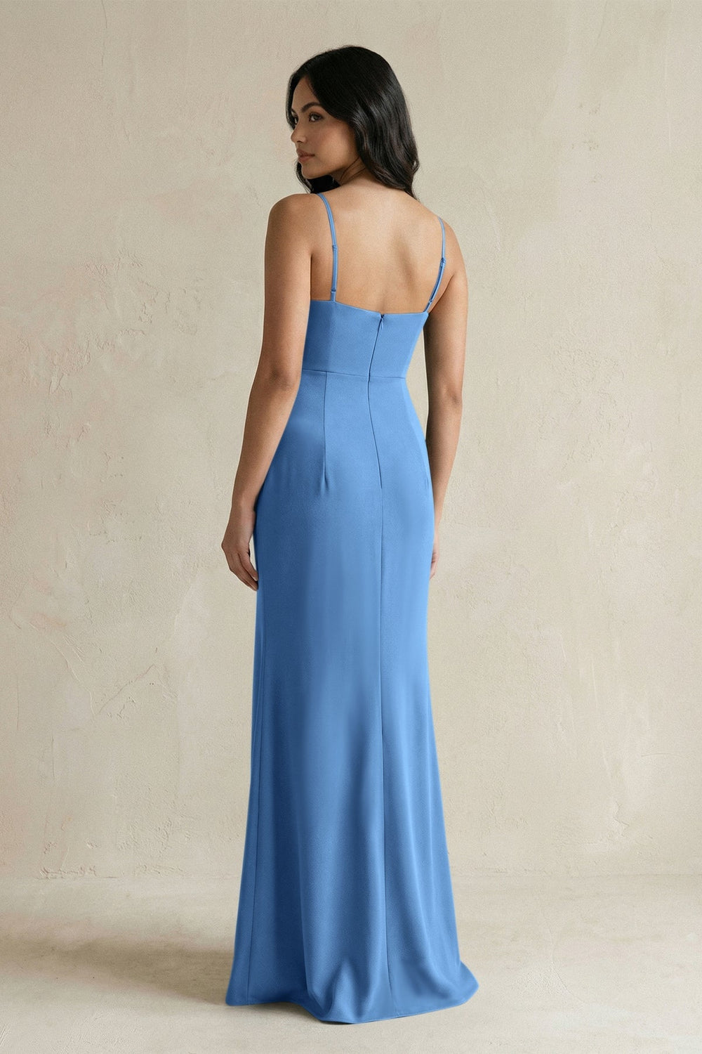 Spaghetti Straps Sheath Stain Bridesmaid Dress With Slit in Dusty Blue