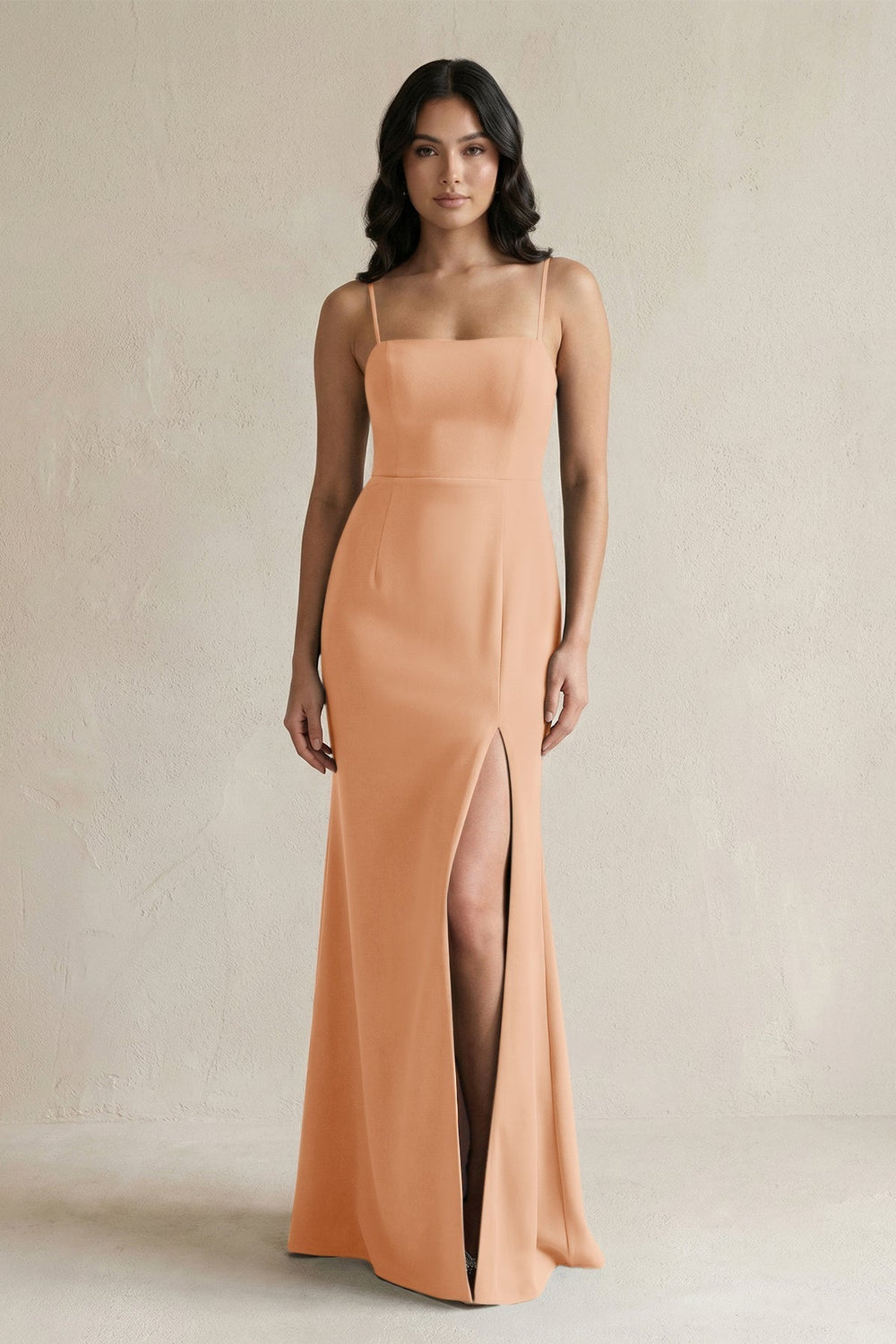 Spaghetti Straps Sheath Stain Bridesmaid Dress With Slit in Golden Champagne