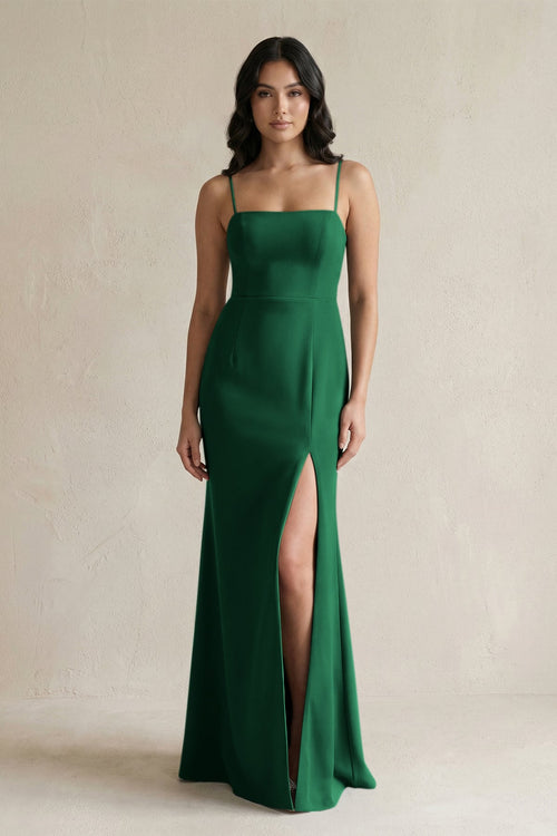 Spaghetti Straps Sheath Stain Bridesmaid Dress With Slit in Green - KISS BRIDAL Bridesmaid Dresses