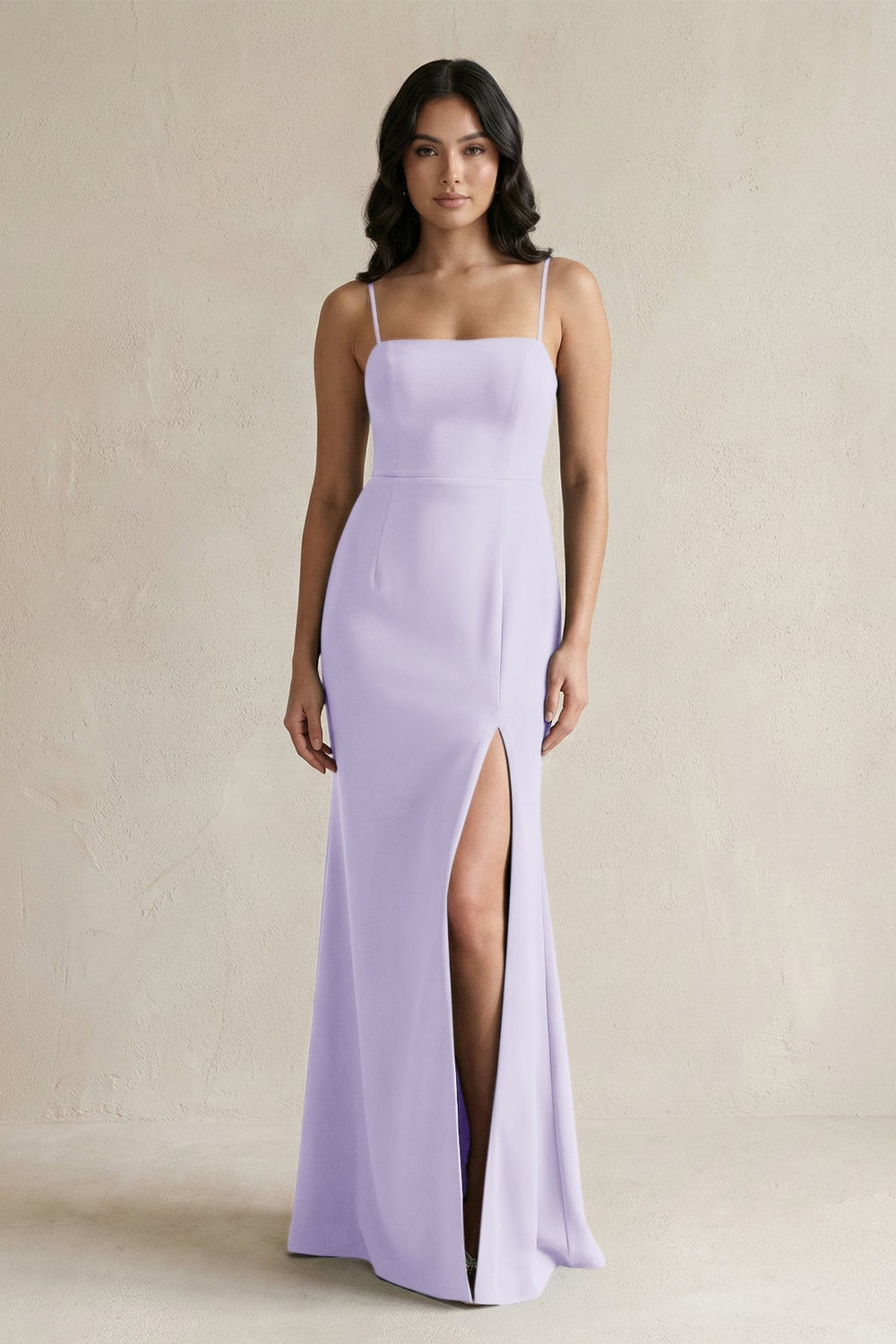 Spaghetti Straps Sheath Stain Bridesmaid Dress With Slit in Lavender
