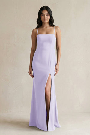 Spaghetti Straps Sheath Stain Bridesmaid Dress With Slit in Lavender - KISS BRIDAL Bridesmaid Dresses