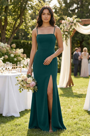 Spaghetti Straps Sheath Stain Bridesmaid Dress With Slit in Pine - KISS BRIDAL Bridesmaid Dresses