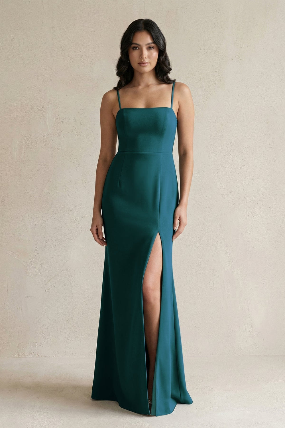 Spaghetti Straps Sheath Stain Bridesmaid Dress With Slit in Pine