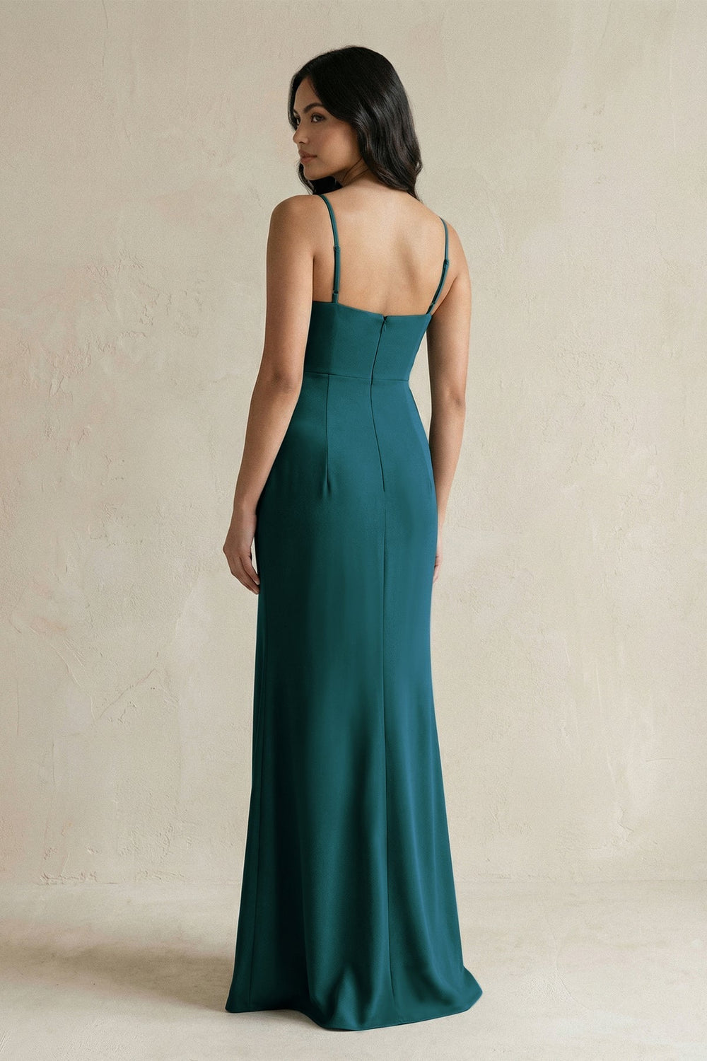 Spaghetti Straps Sheath Stain Bridesmaid Dress With Slit in Pine