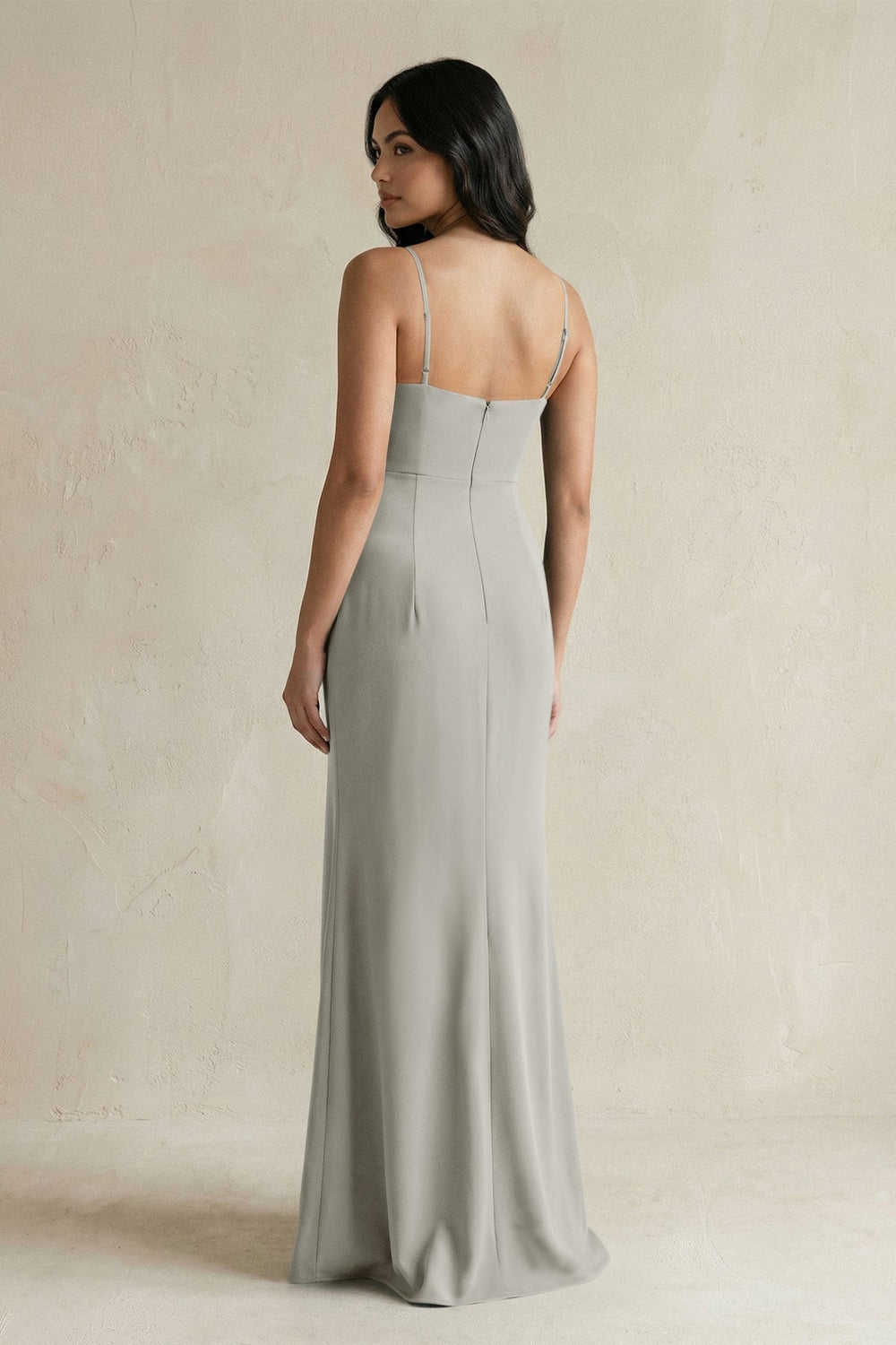 Spaghetti Straps Sheath Stain Bridesmaid Dress With Slit in Silver