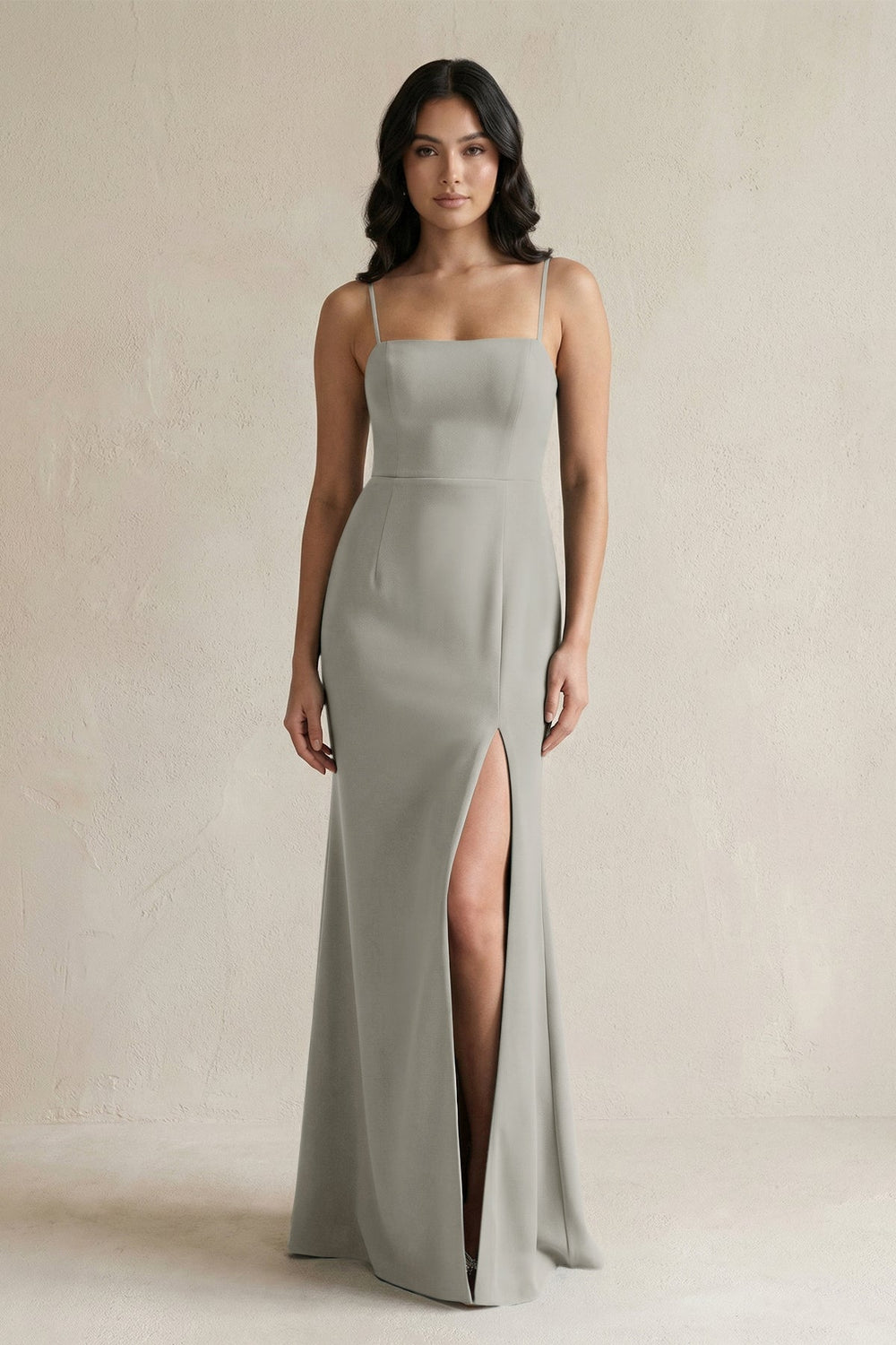 Spaghetti Straps Sheath Stain Bridesmaid Dress With Slit in Silver