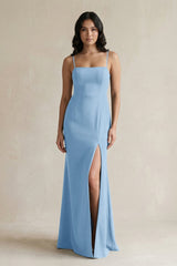Spaghetti Straps Sheath Stain Bridesmaid Dress With Slit in Sky Blue - KISS BRIDAL Bridesmaid Dresses
