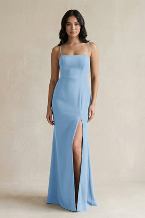 Spaghetti Straps Sheath Stain Bridesmaid Dress With Slit in Sky Blue - KISS BRIDAL Bridesmaid Dresses