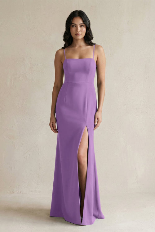 Spaghetti Straps Sheath Stain Bridesmaid Dress With Slit in Wisteria - KISS BRIDAL Bridesmaid Dresses