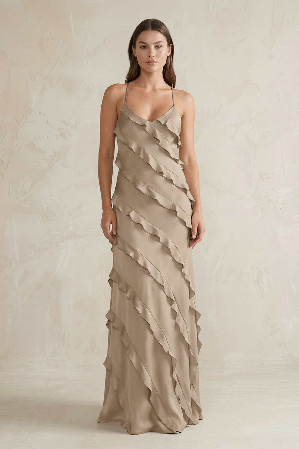 Spaghetti Straps Sheath Stain Ruffled Bridesmaid Dress in Almond