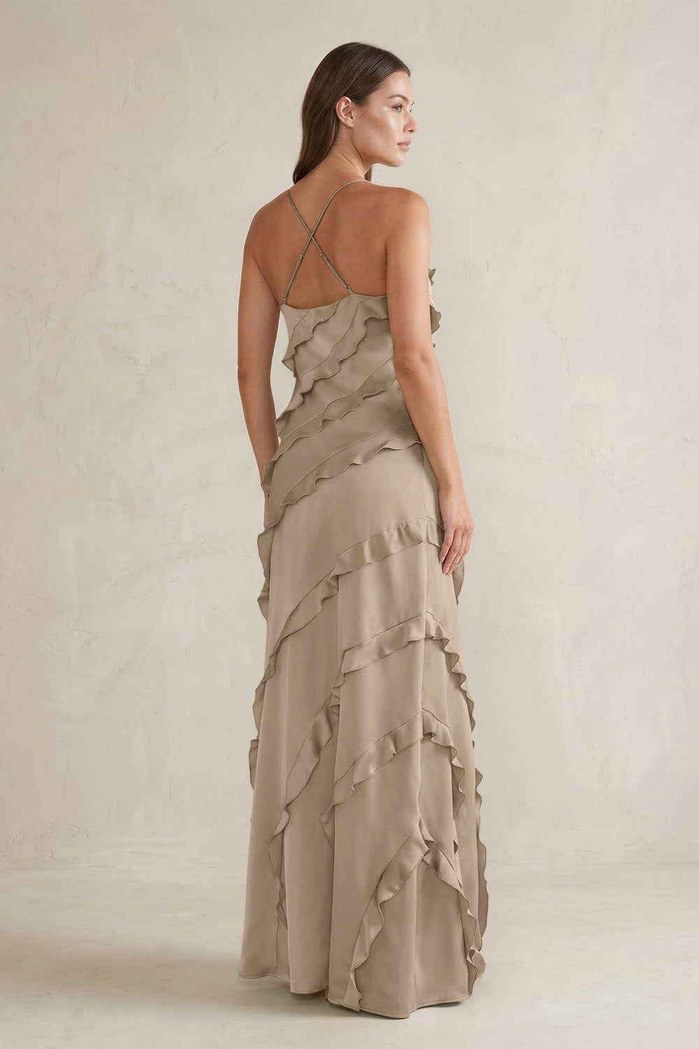 Spaghetti Straps Sheath Stain Ruffled Bridesmaid Dress in Almond