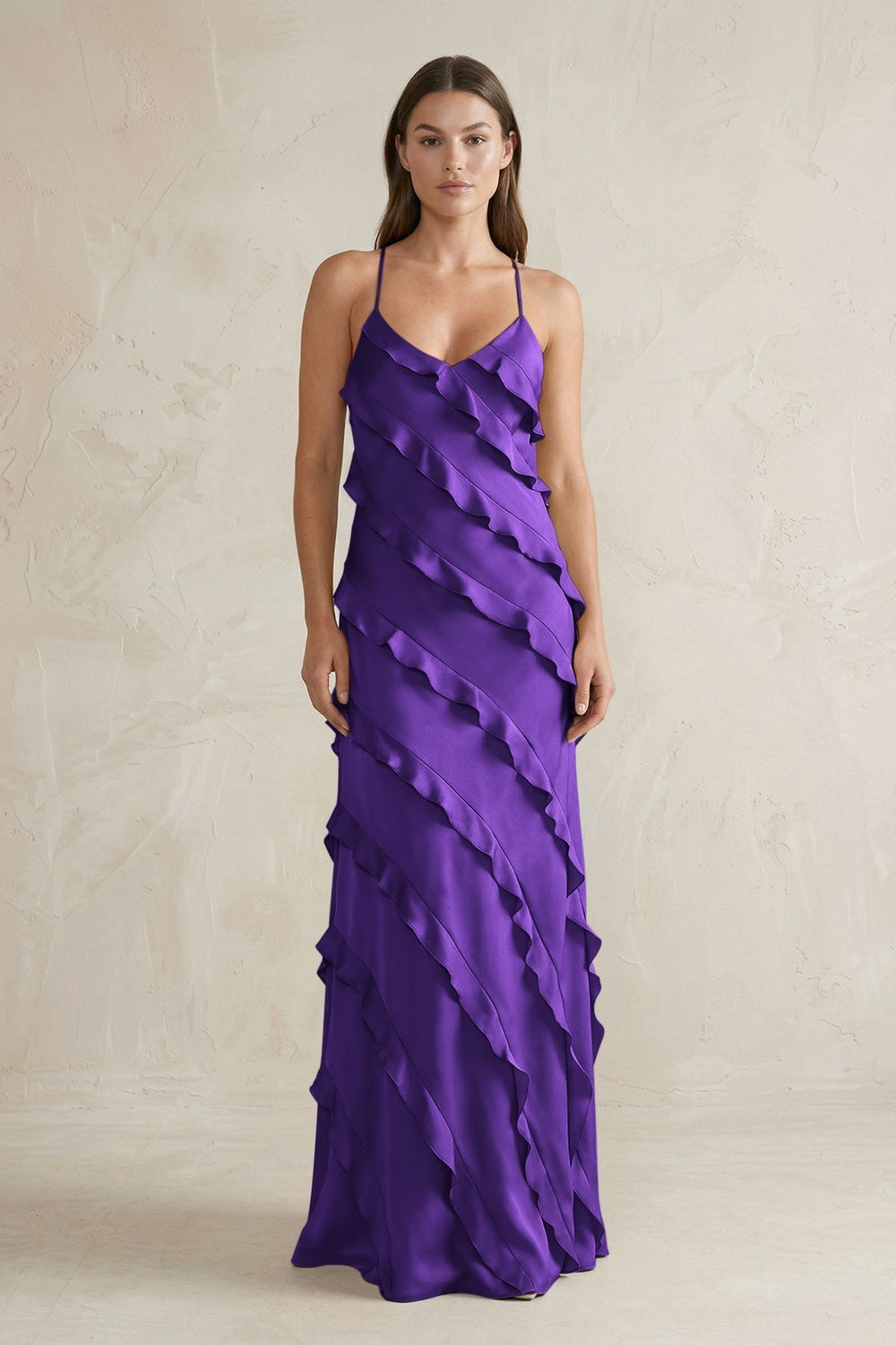 Spaghetti Straps Sheath Stain Ruffled Bridesmaid Dress in Amethyst