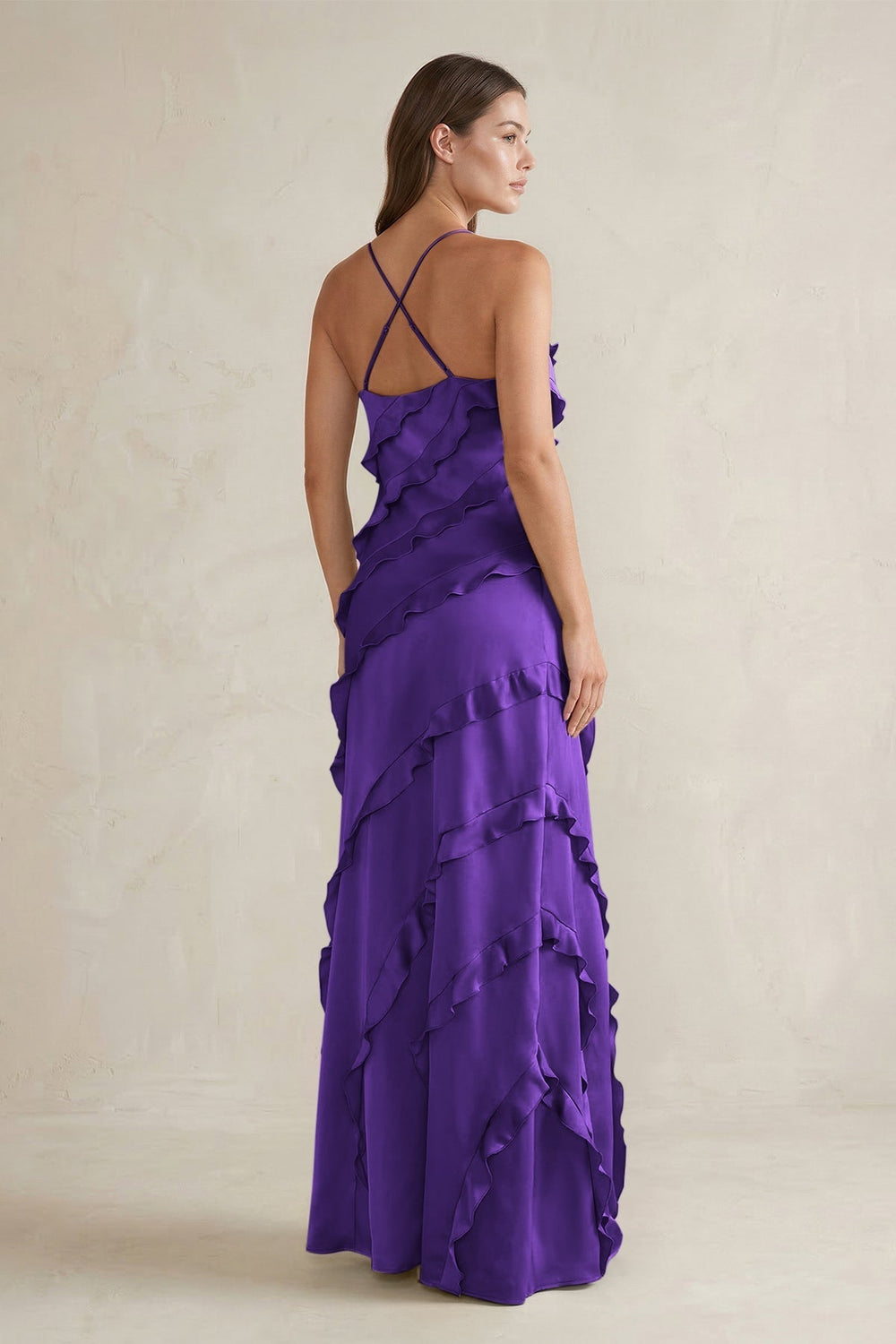 Spaghetti Straps Sheath Stain Ruffled Bridesmaid Dress in Amethyst