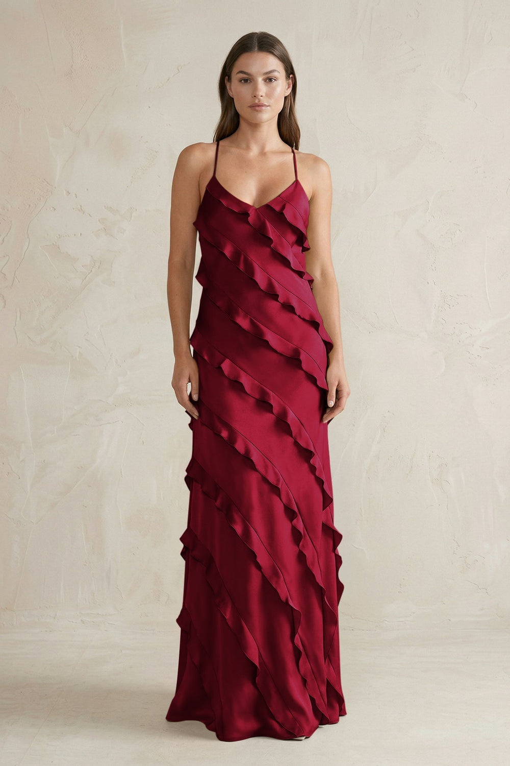 Spaghetti Straps Sheath Stain Ruffled Bridesmaid Dress in Berry