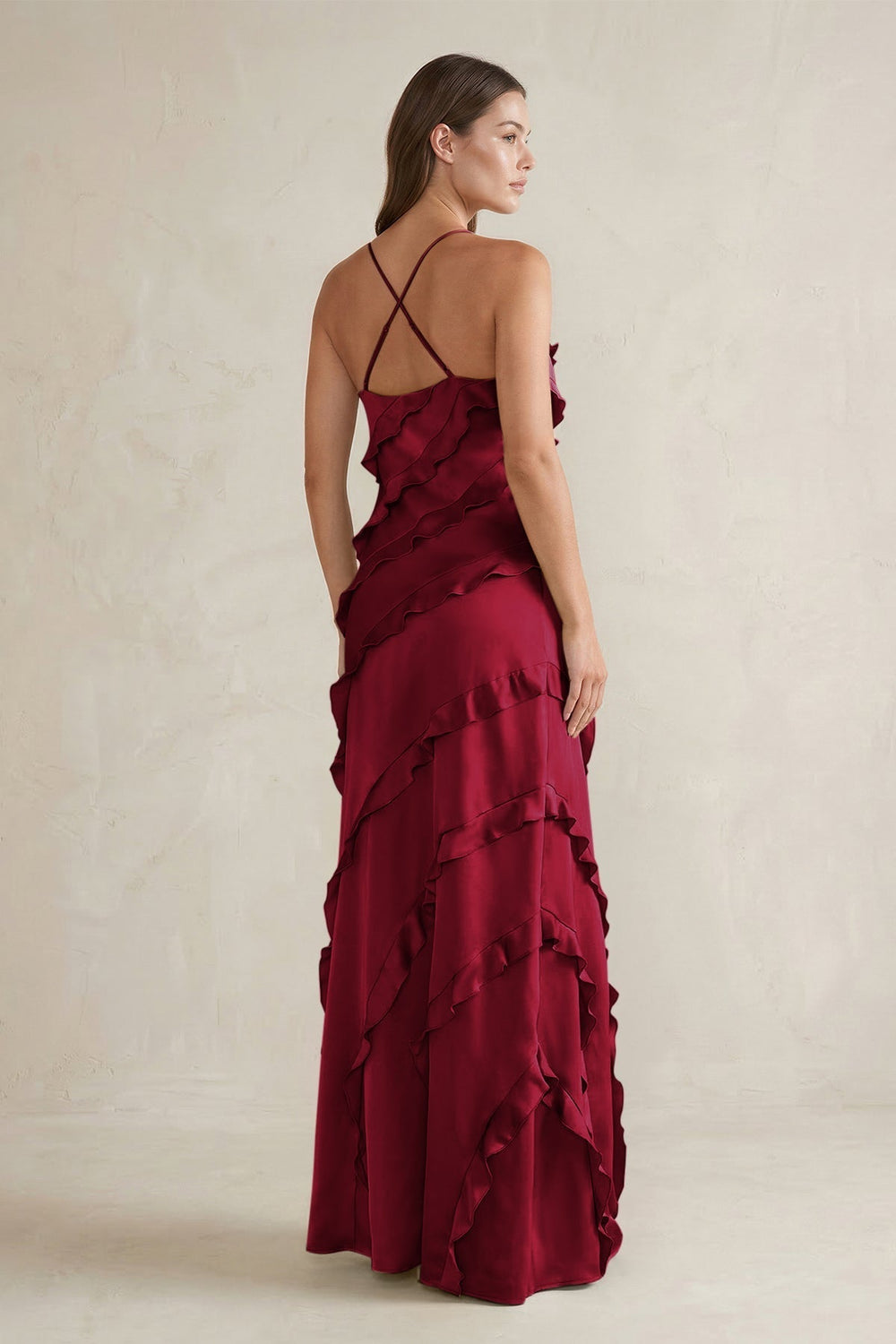 Spaghetti Straps Sheath Stain Ruffled Bridesmaid Dress in Berry