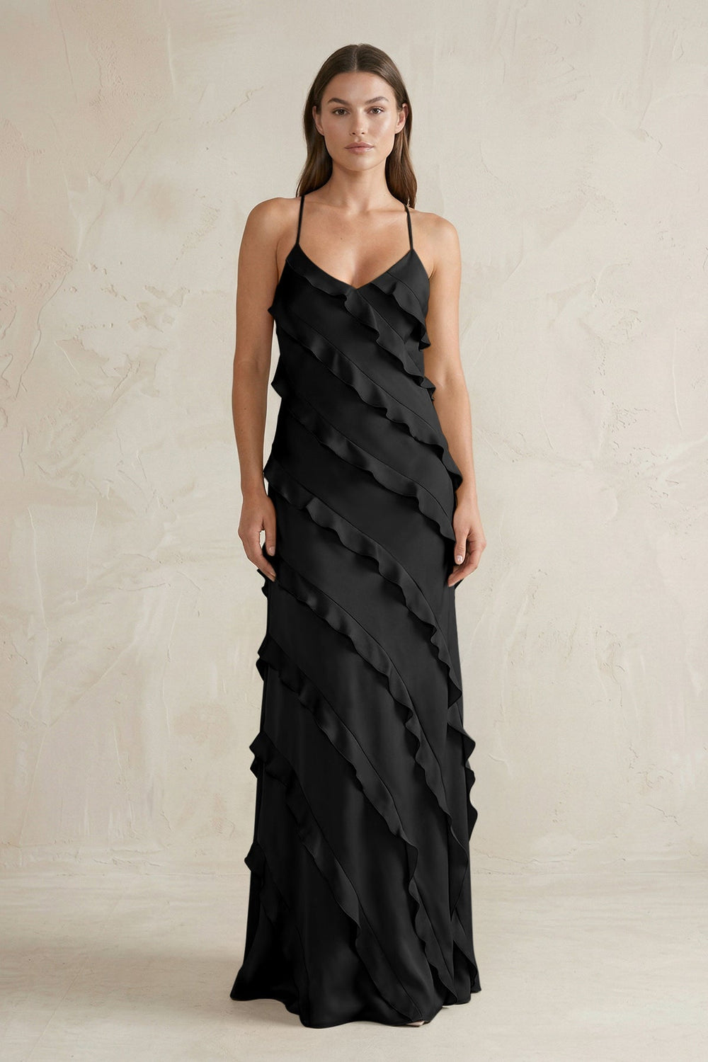 Spaghetti Straps Sheath Stain Ruffled Bridesmaid Dress in Black
