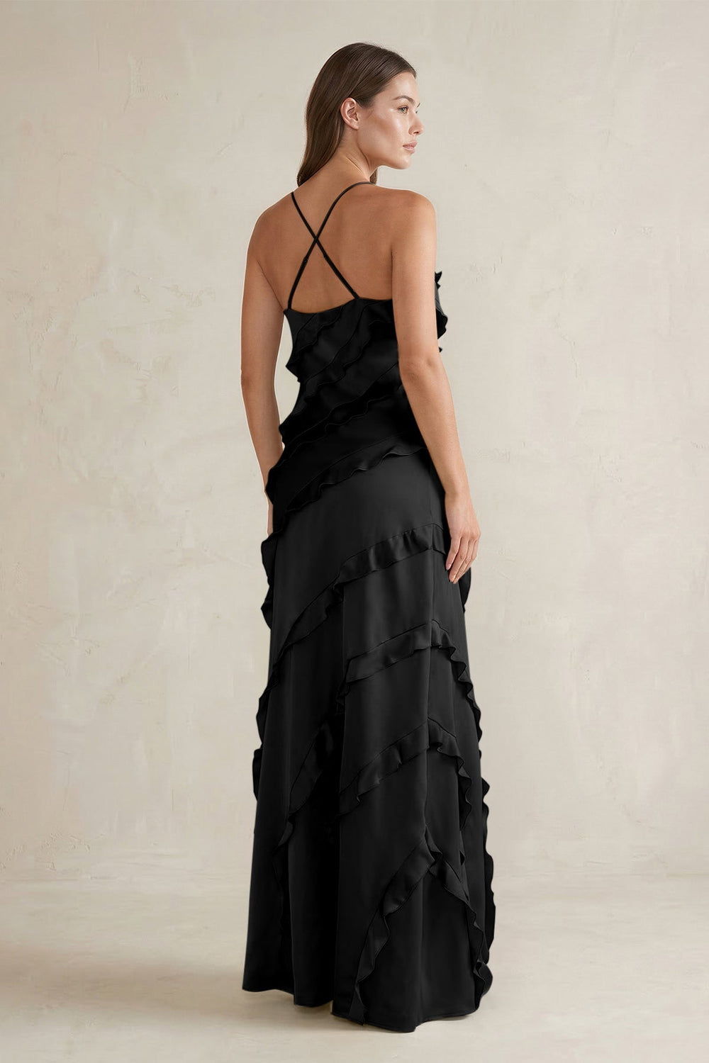 Spaghetti Straps Sheath Stain Ruffled Bridesmaid Dress in Black