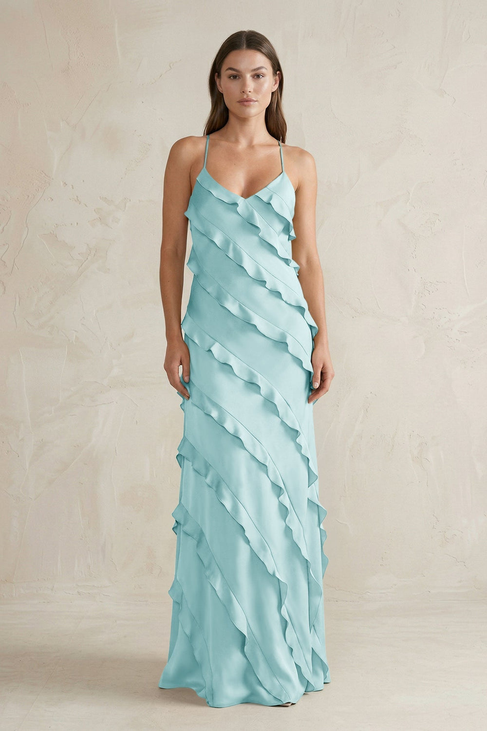 Spaghetti Straps Sheath Stain Ruffled Bridesmaid Dress in Bleached Aqua