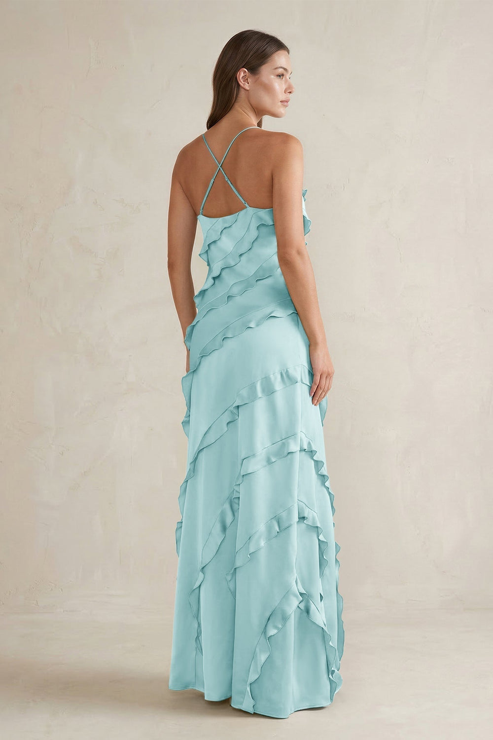 Spaghetti Straps Sheath Stain Ruffled Bridesmaid Dress in Bleached Aqua