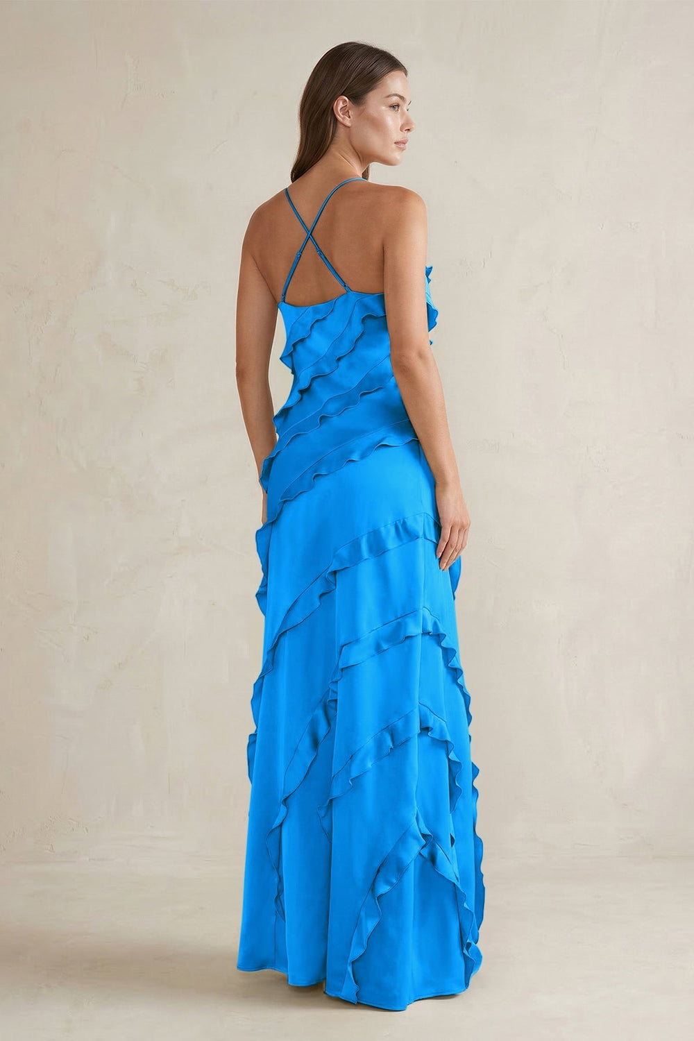 Spaghetti Straps Sheath Stain Ruffled Bridesmaid Dress in Blue Jay