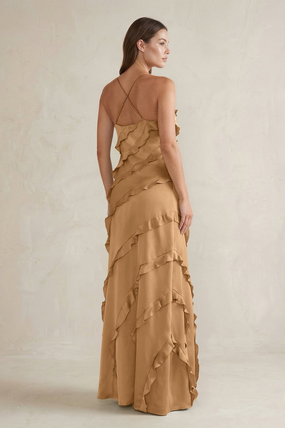 Spaghetti Straps Sheath Stain Ruffled Bridesmaid Dress in Bronzer