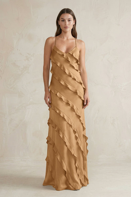 Spaghetti Straps Sheath Stain Ruffled Bridesmaid Dress in Bronzer - KISS BRIDAL Bridesmaid Dresses